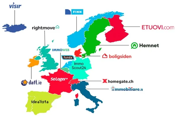 Страны Европы с логотипом ведущего сайта недвижимости